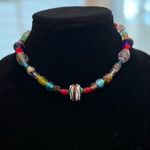 Murano Style Multi Color Glass & Stone Bead Necklace, NWOT